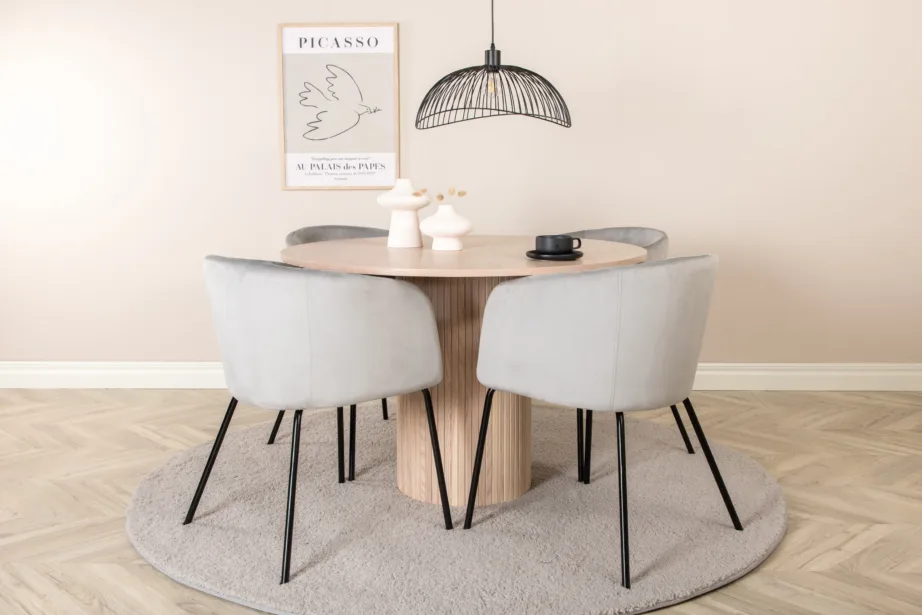 Ümmargune söögilauakomplekt Bianca (valge peitsiga laud, 4 halli sametist tooli), GR22474 – 5