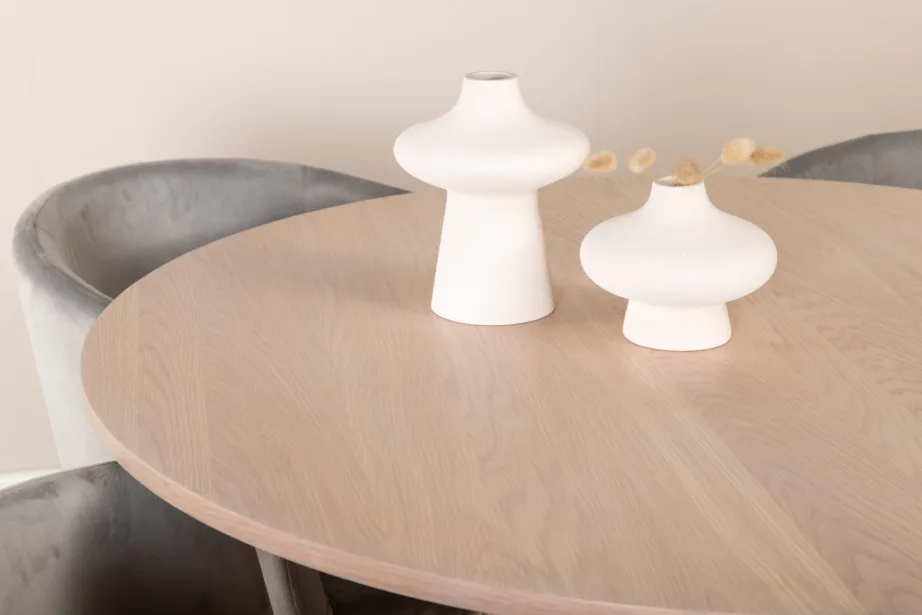 Ümmargune söögilauakomplekt Bianca (valge peitsiga laud, 4 halli sametist tooli), GR22474 – 7