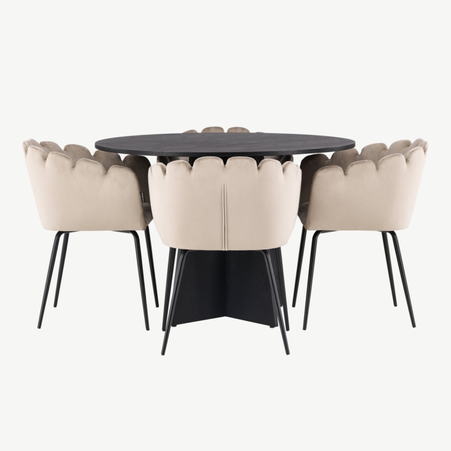 Ümmargune söögilauakomplekt Bootcut (must MDF, beež velvetist toolid), GR23254 – 2