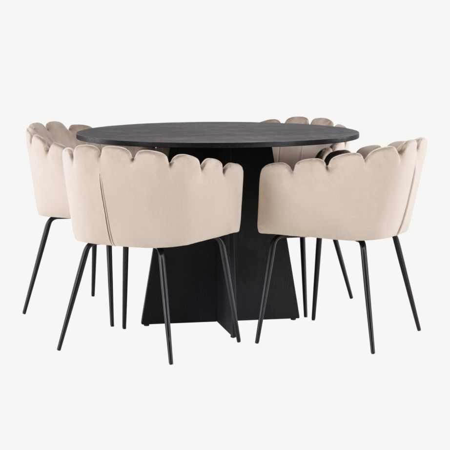 Ümmargune söögilauakomplekt Bootcut (must MDF, beež velvetist toolid), GR23254 – 3