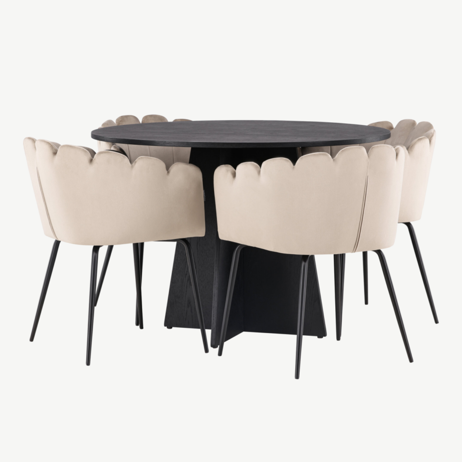 Ümmargune söögilauakomplekt Bootcut (must MDF, beež velvetist toolid), GR23254 – 4