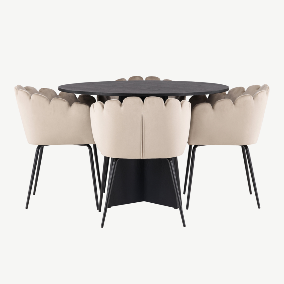 Ümmargune söögilauakomplekt Bootcut (must MDF, beež velvetist toolid), GR23254 – 5