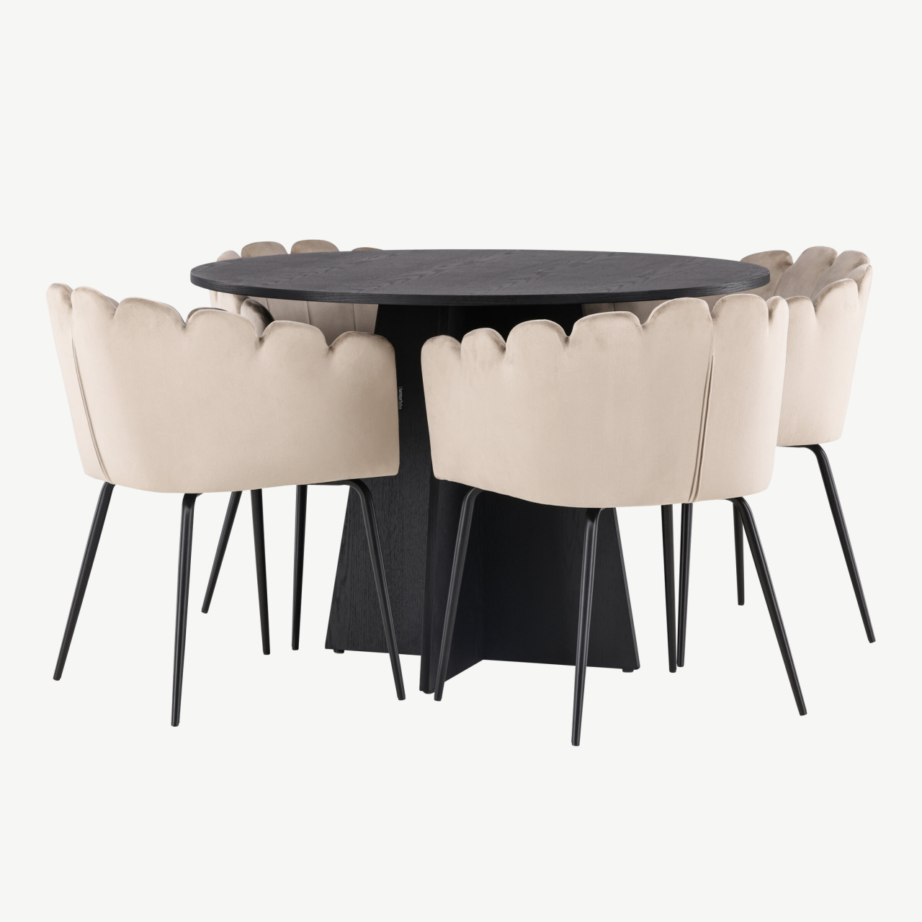 Ümmargune söögilauakomplekt Bootcut (must MDF, beež velvetist toolid), GR23254 – 6