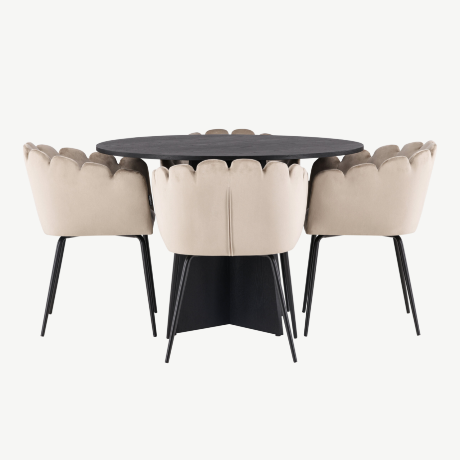 Ümmargune söögilauakomplekt Bootcut (must MDF, beež velvetist toolid), GR23254 – 7