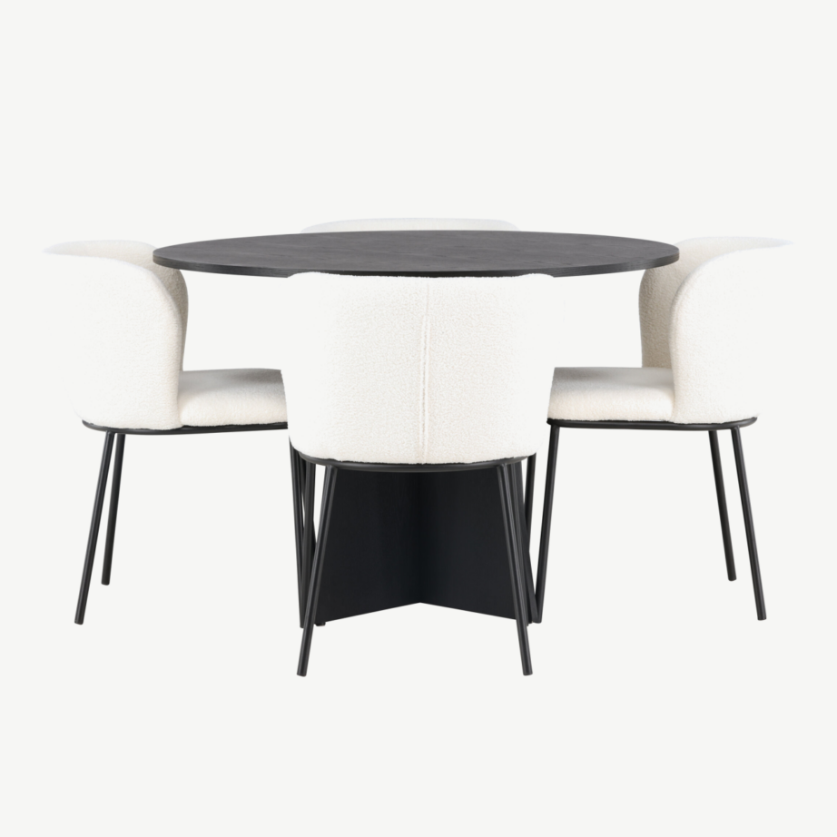Ümmargune söögilauakomplekt Bootcut musta MDF-ga ja valged buklee-kangast toolid Edina, GR23787 – 2
