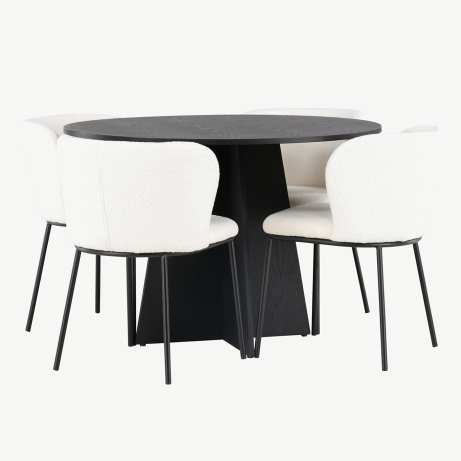 Ümmargune söögilauakomplekt Bootcut musta MDF-ga ja valged buklee-kangast toolid Edina, GR23787 – 3