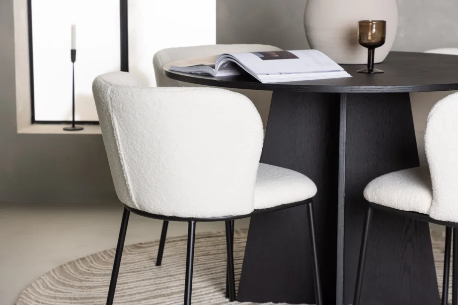 Ümmargune söögilauakomplekt Bootcut musta MDF-ga ja valged buklee-kangast toolid Edina, GR23787 – 5
