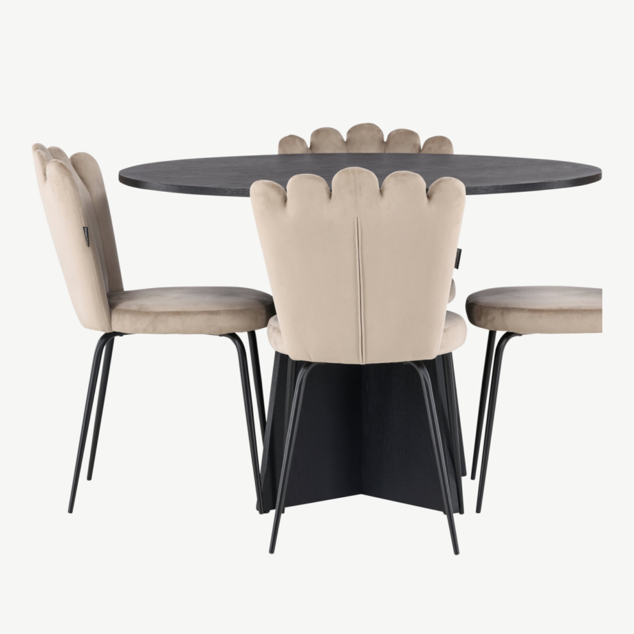 Ümmargune söögilauakomplekt Bootcut musta laua ja beežide velvettoolidega (ø110 cm), GR23255 – 2