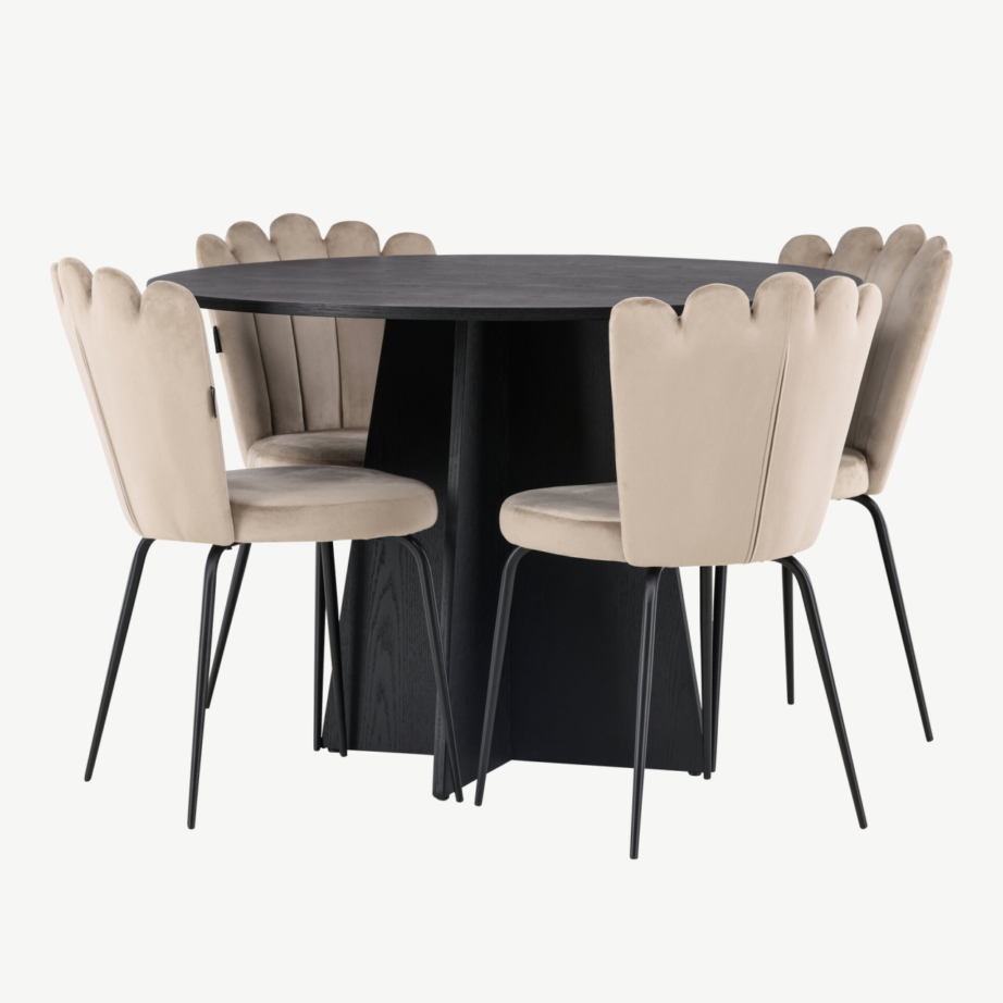 Ümmargune söögilauakomplekt Bootcut musta laua ja beežide velvettoolidega (ø110 cm), GR23255 – 4