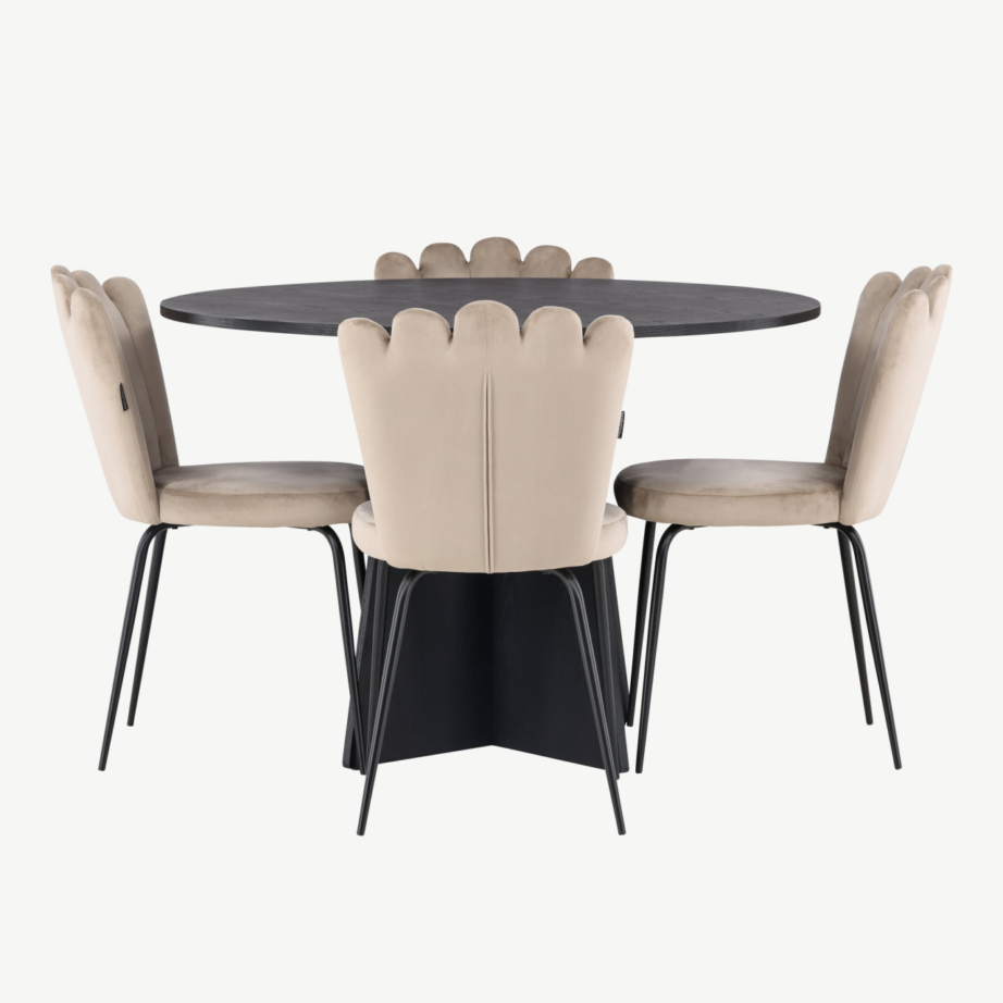 Ümmargune söögilauakomplekt Bootcut musta laua ja beežide velvettoolidega (ø110 cm), GR23255 – 5