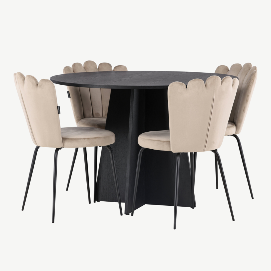 Ümmargune söögilauakomplekt Bootcut musta laua ja beežide velvettoolidega (ø110 cm), GR23255 – 6