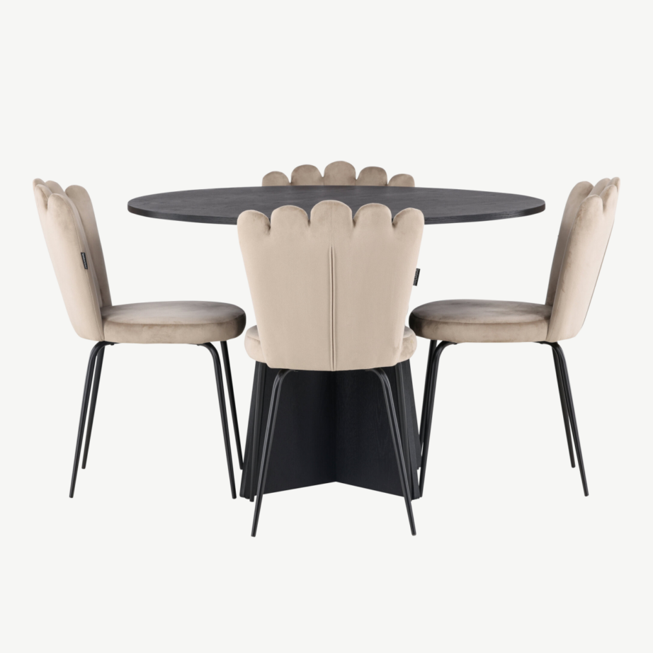 Ümmargune söögilauakomplekt Bootcut musta laua ja beežide velvettoolidega (ø110 cm), GR23255 – 7