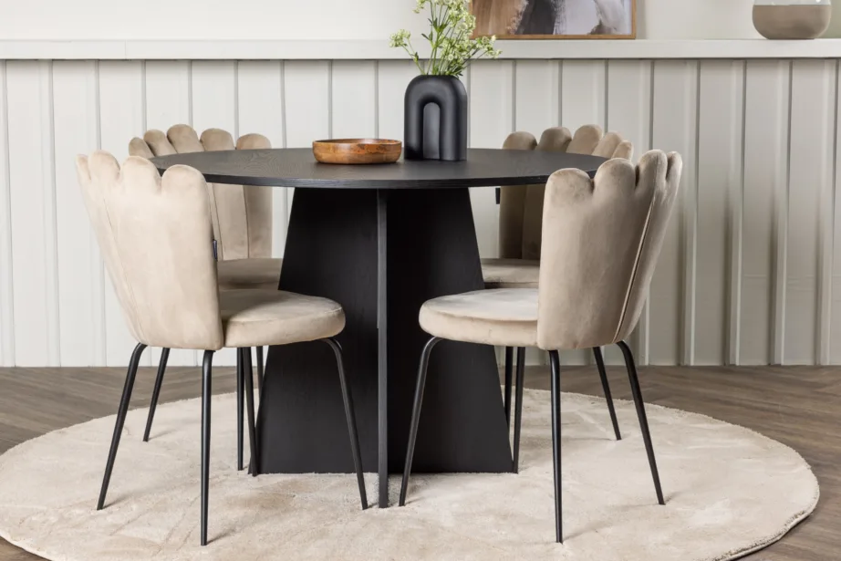 Ümmargune söögilauakomplekt Bootcut musta laua ja beežide velvettoolidega (ø110 cm), GR23255 – 8