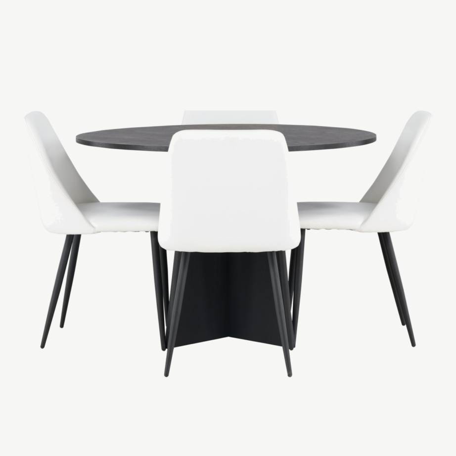 Ümmargune söögilauakomplekt Bootcut musta lauaga ja valged Night toolid (Ø110 cm), GR23782 – 2