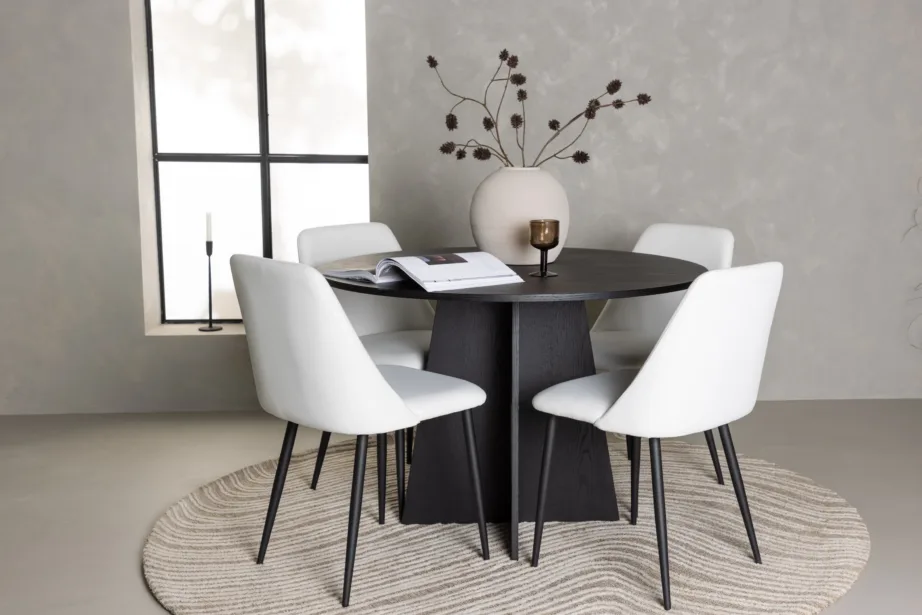 Ümmargune söögilauakomplekt Bootcut musta lauaga ja valged Night toolid (Ø110 cm), GR23782 – 4
