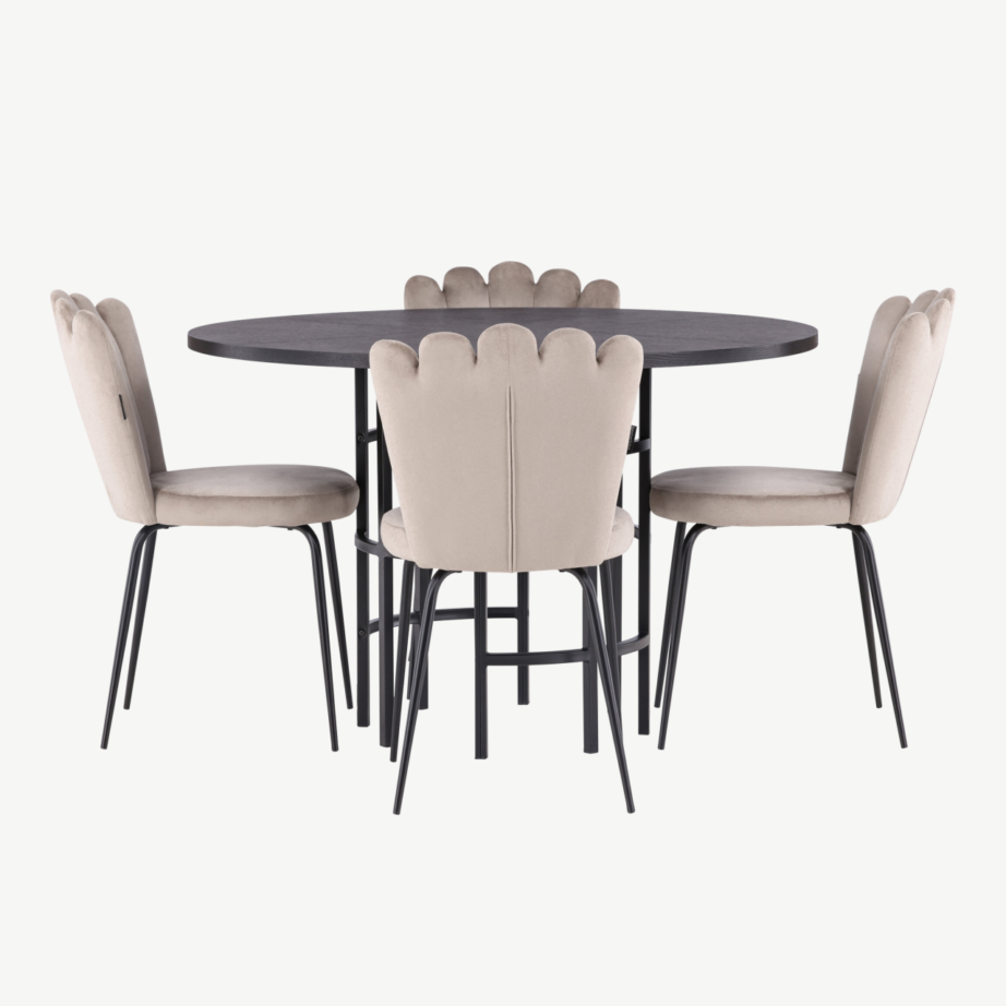 Ümmargune söögilauakomplekt Copenhagen – must MDF laud ja beežid samettoolid, GR23218 – 2