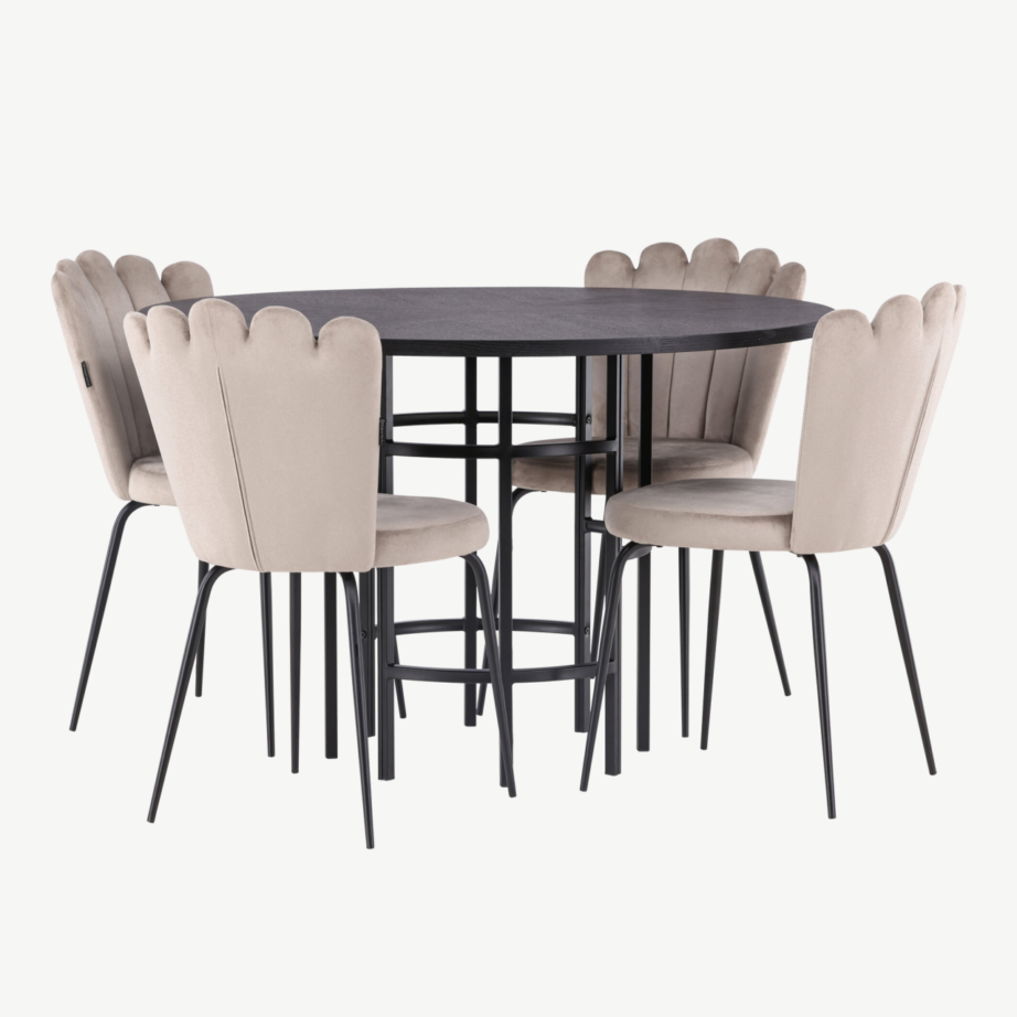 Ümmargune söögilauakomplekt Copenhagen – must MDF laud ja beežid samettoolid, GR23218 – 3