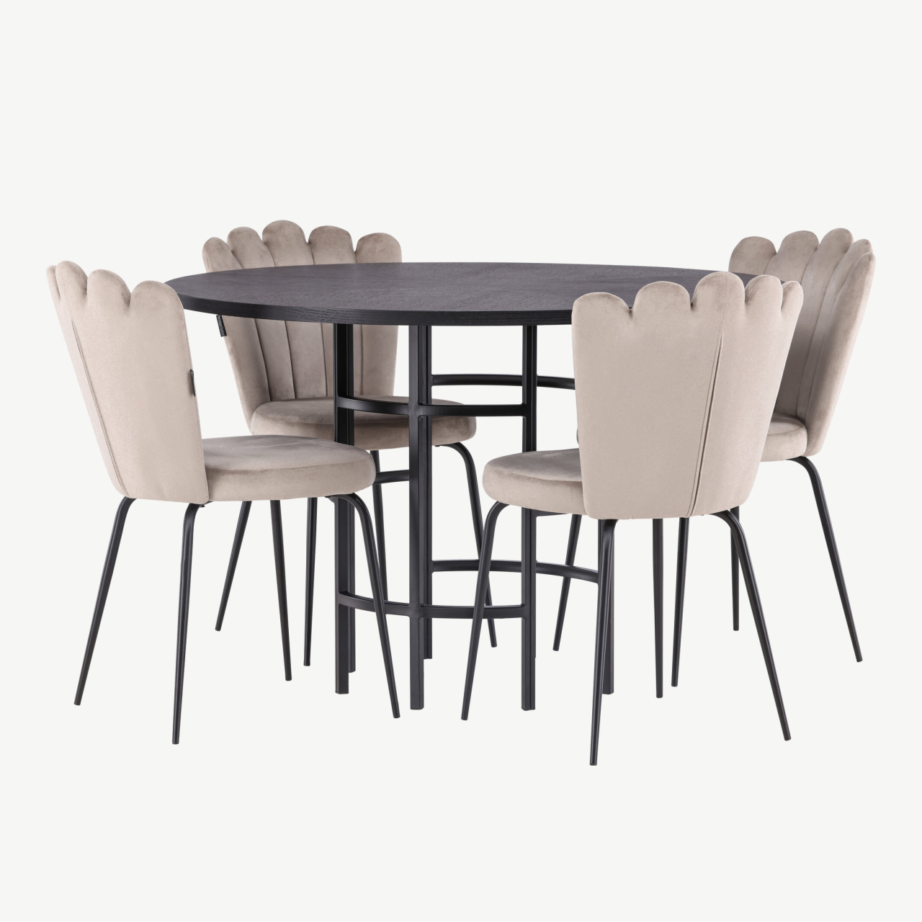 Ümmargune söögilauakomplekt Copenhagen – must MDF laud ja beežid samettoolid, GR23218 – 4