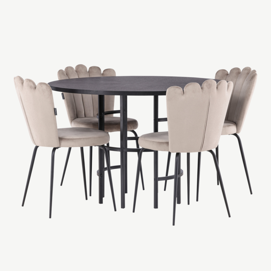 Ümmargune söögilauakomplekt Copenhagen – must MDF laud ja beežid samettoolid, GR23218 – 6