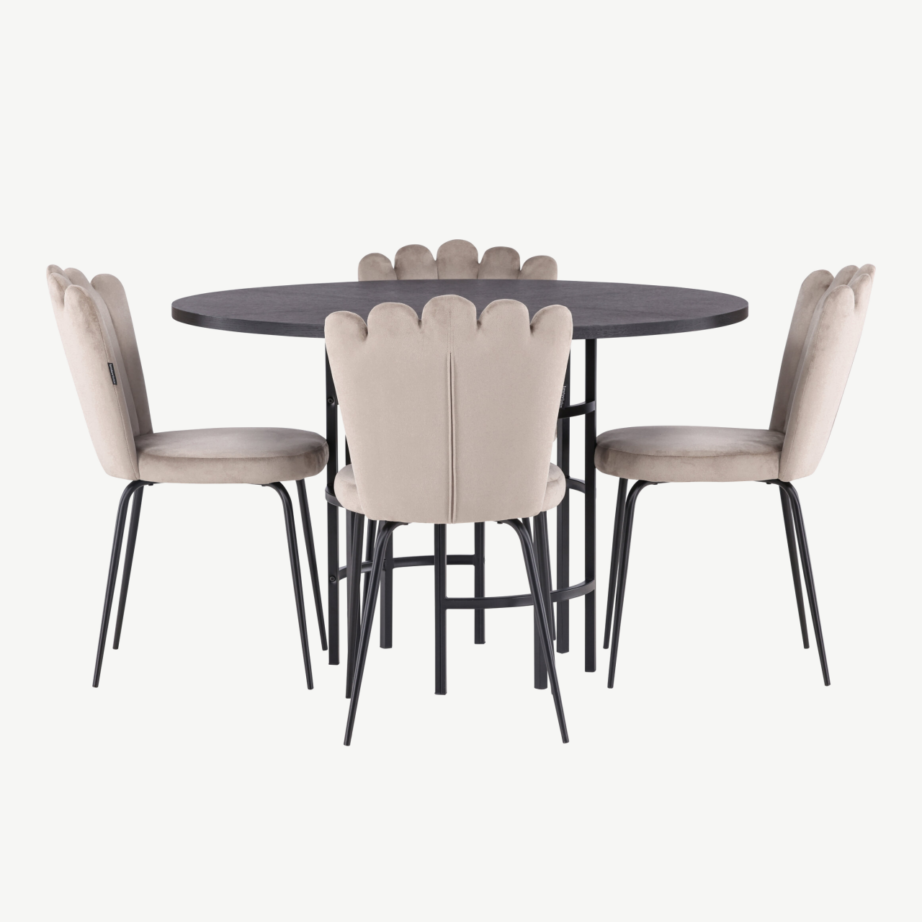 Ümmargune söögilauakomplekt Copenhagen – must MDF laud ja beežid samettoolid, GR23218 – 7