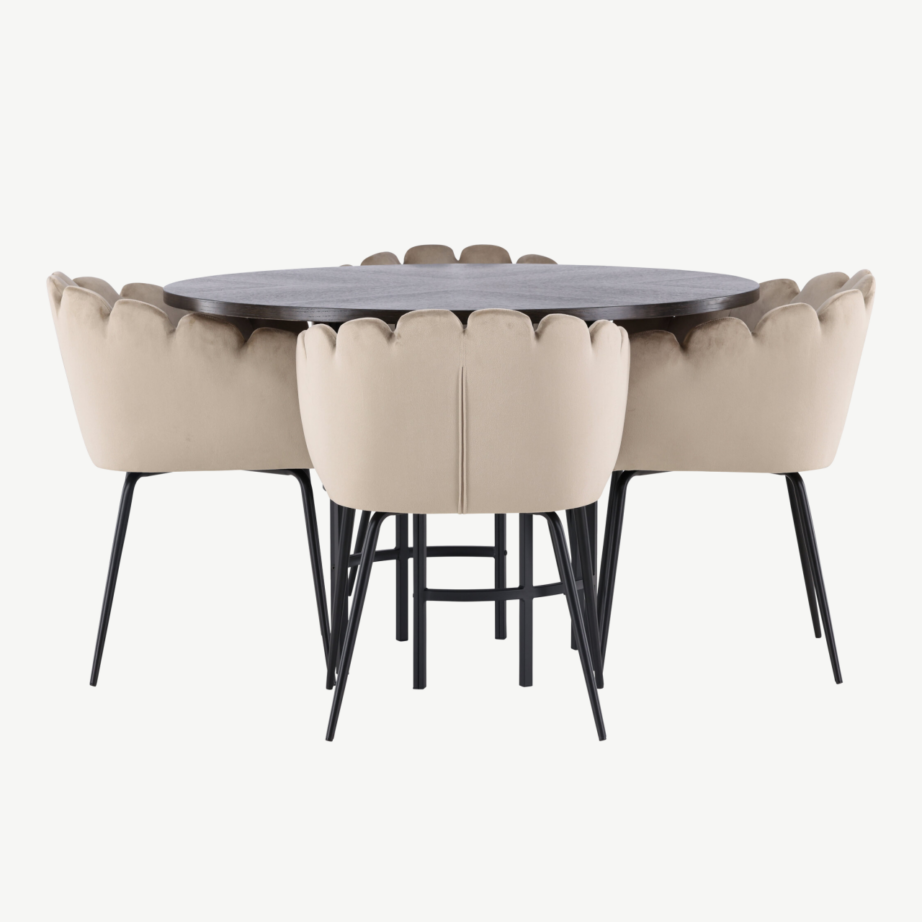 Ümmargune söögilauakomplekt Copenhagen (mokka MDF, must metall, beež sametist toolid), GR23200 – 2