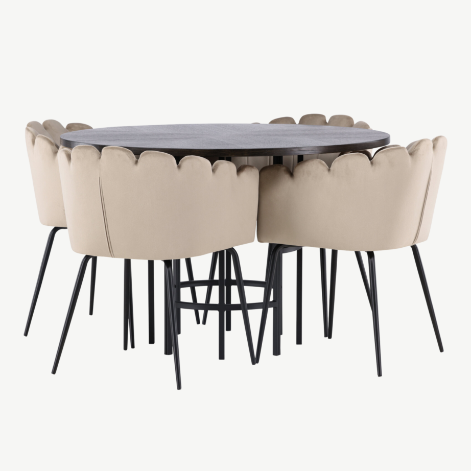 Ümmargune söögilauakomplekt Copenhagen (mokka MDF, must metall, beež sametist toolid), GR23200 – 3