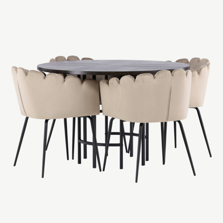 Ümmargune söögilauakomplekt Copenhagen (mokka MDF, must metall, beež sametist toolid) - GR23200