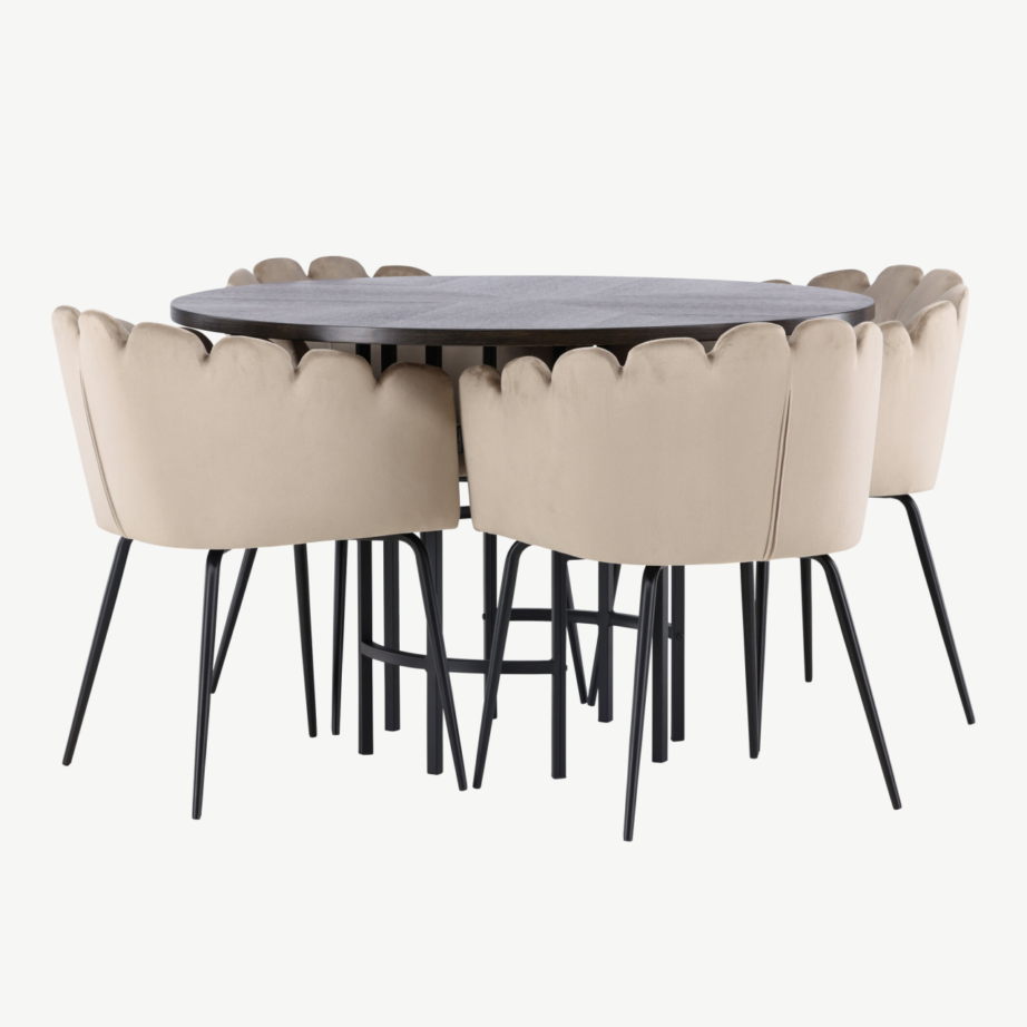 Ümmargune söögilauakomplekt Copenhagen (mokka MDF, must metall, beež sametist toolid), GR23200 – 4