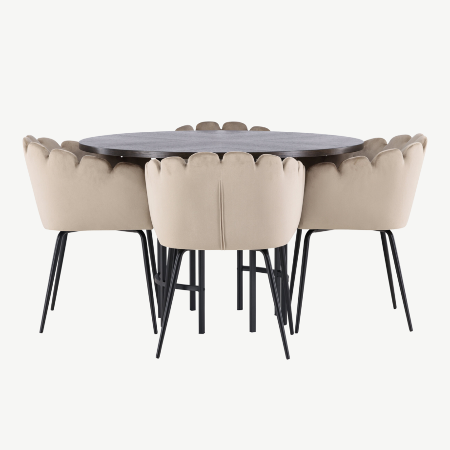 Ümmargune söögilauakomplekt Copenhagen (mokka MDF, must metall, beež sametist toolid), GR23200 – 5