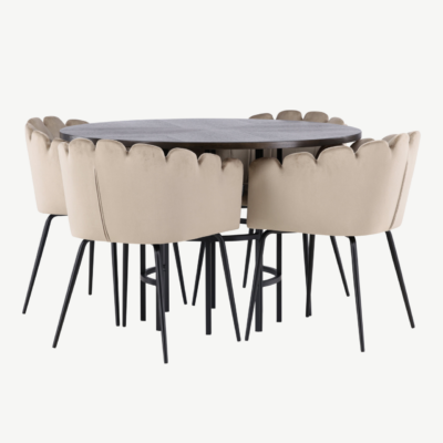 Ümmargune söögilauakomplekt Copenhagen (mokka MDF, must metall, beež sametist toolid) - GR23200