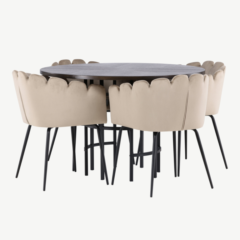 Ümmargune söögilauakomplekt Copenhagen (mokka MDF, must metall, beež sametist toolid) - GR23200
