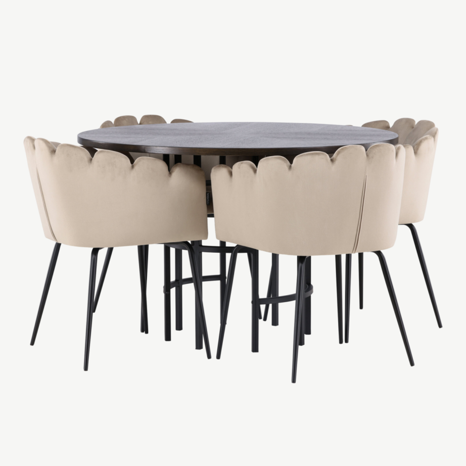 Ümmargune söögilauakomplekt Copenhagen (mokka MDF, must metall, beež sametist toolid), GR23200 – 6