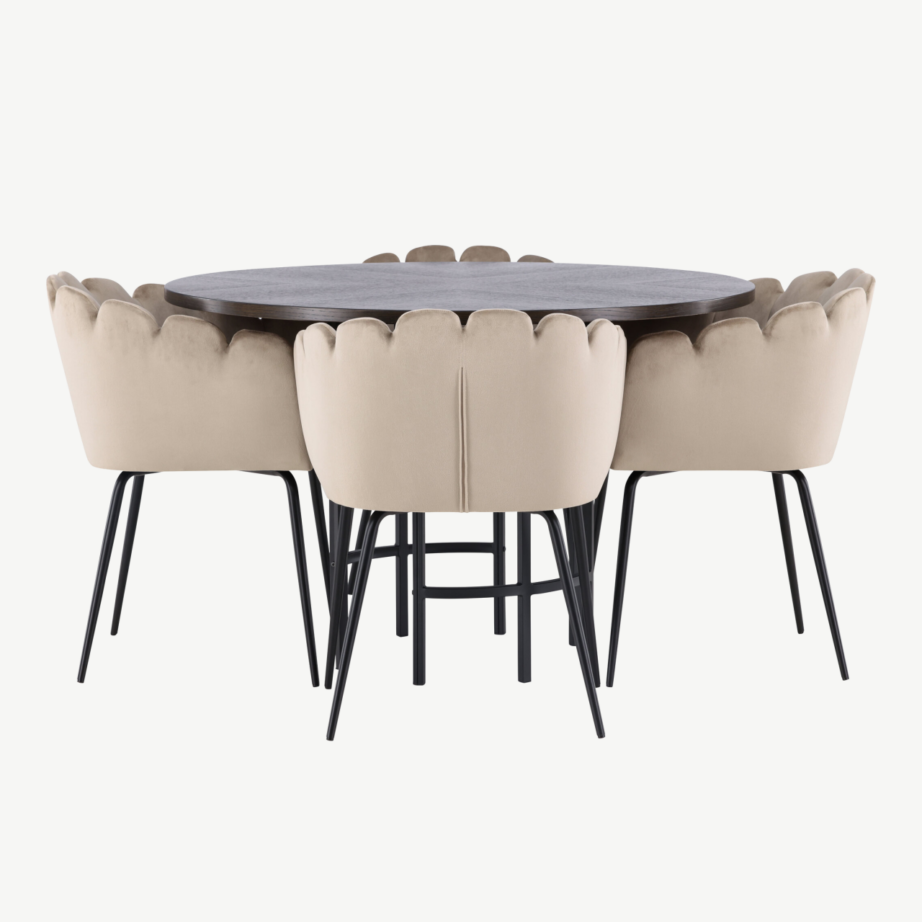 Ümmargune söögilauakomplekt Copenhagen (mokka MDF, must metall, beež sametist toolid), GR23200 – 7