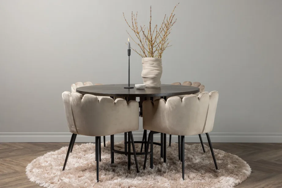 Ümmargune söögilauakomplekt Copenhagen (mokka MDF, must metall, beež sametist toolid), GR23200 – 8