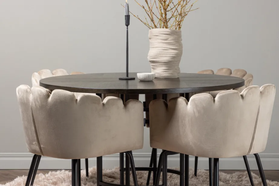 Ümmargune söögilauakomplekt Copenhagen (mokka MDF, must metall, beež sametist toolid), GR23200 – 9