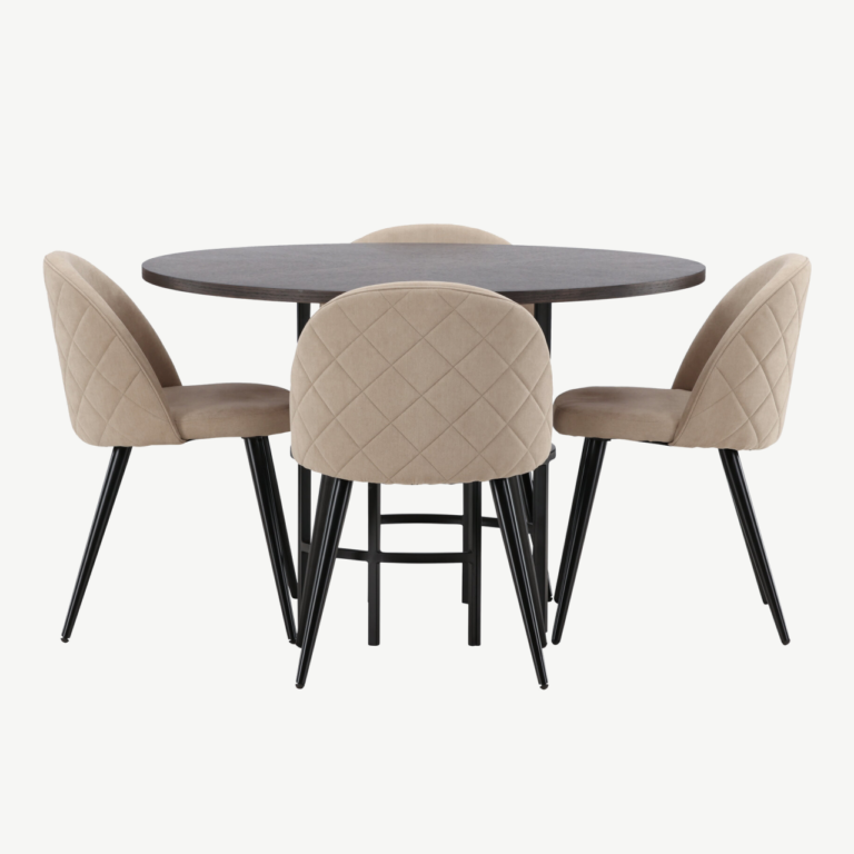 Ümmargune söögilauakomplekt Copenhagen (mokka MDF, must teras, 4 beeži tooli) - GR22845