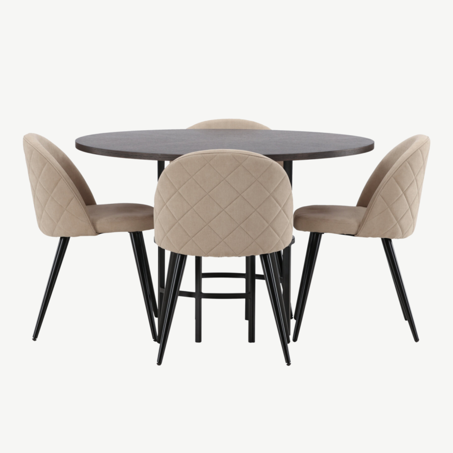 Ümmargune söögilauakomplekt Copenhagen (mokka MDF, must teras, 4 beeži tooli), GR22845 – 2