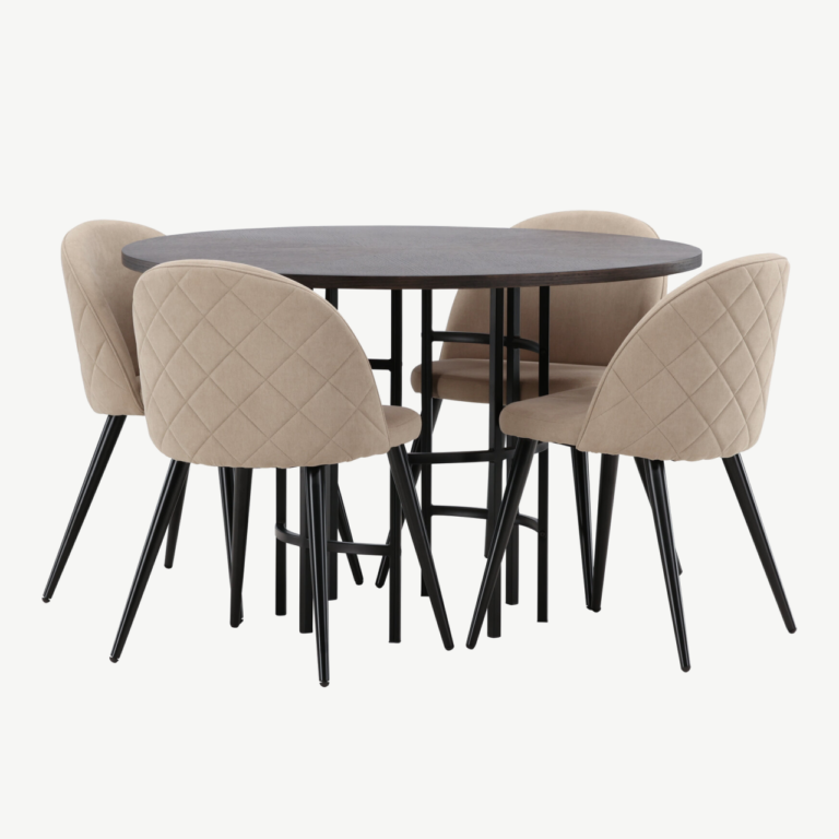 Ümmargune söögilauakomplekt Copenhagen (mokka MDF, must teras, 4 beeži tooli) - GR22845