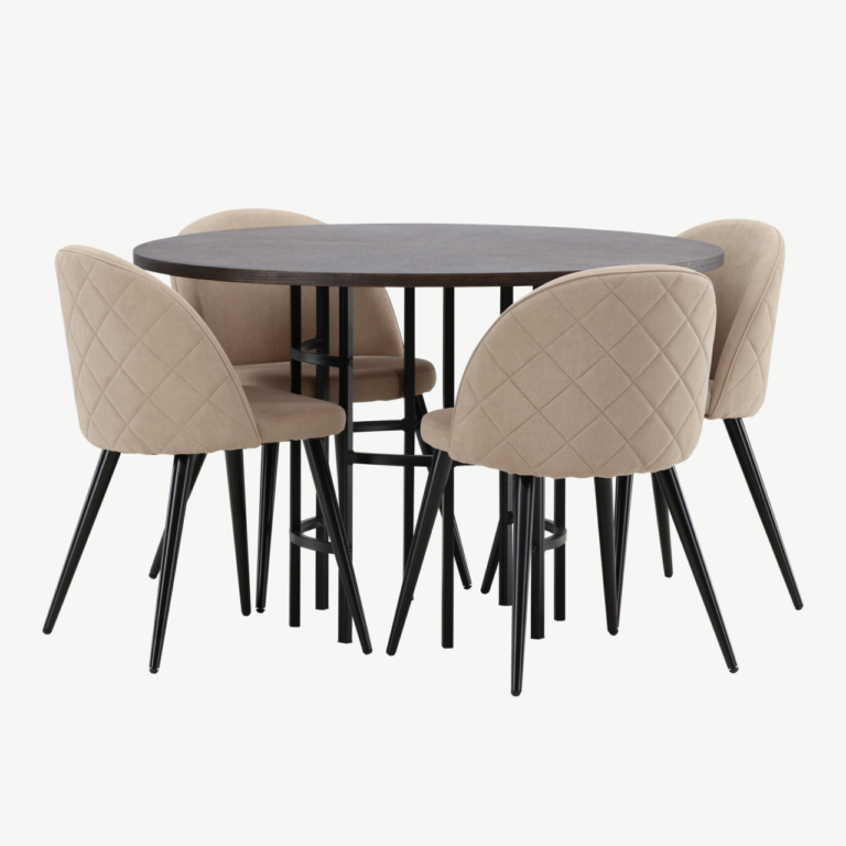 Ümmargune söögilauakomplekt Copenhagen (mokka MDF, must teras, 4 beeži tooli) - GR22845