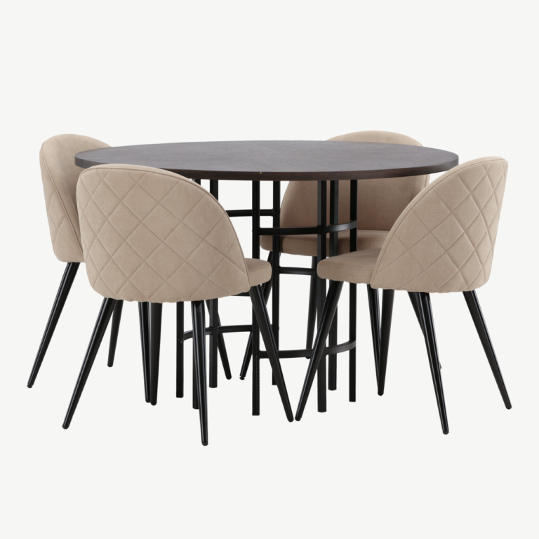 Ümmargune söögilauakomplekt Copenhagen (mokka MDF, must teras, 4 beeži tooli) - GR22845