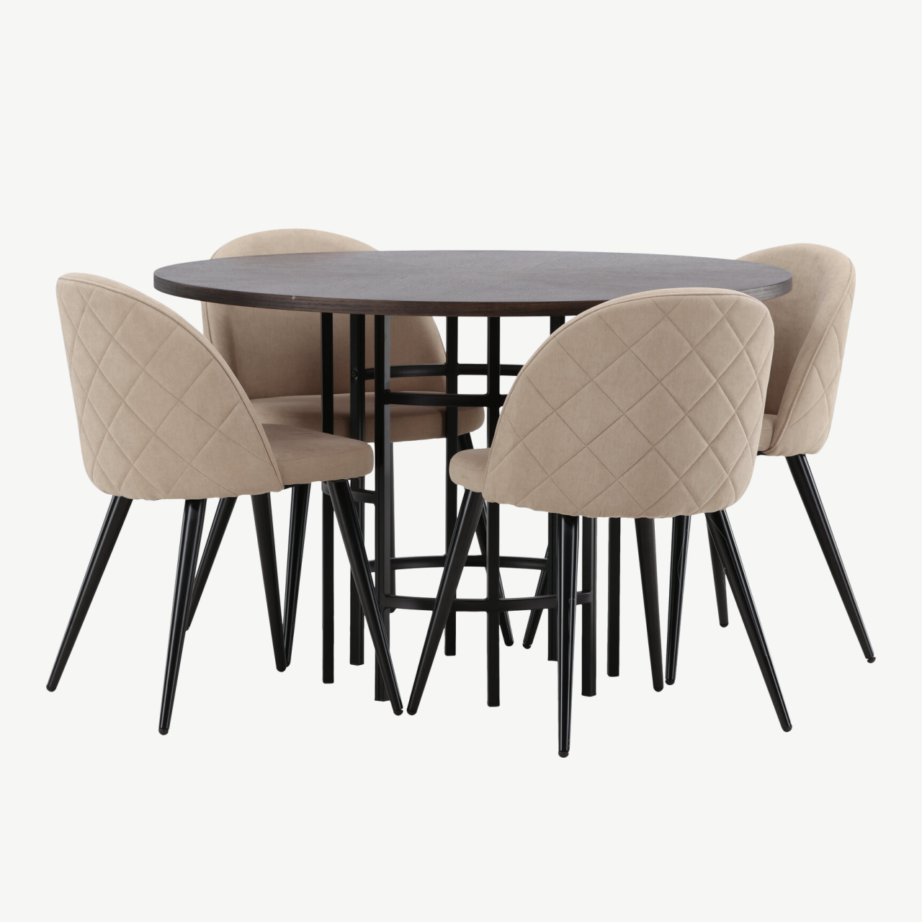Ümmargune söögilauakomplekt Copenhagen (mokka MDF, must teras, 4 beeži tooli), GR22845 – 6