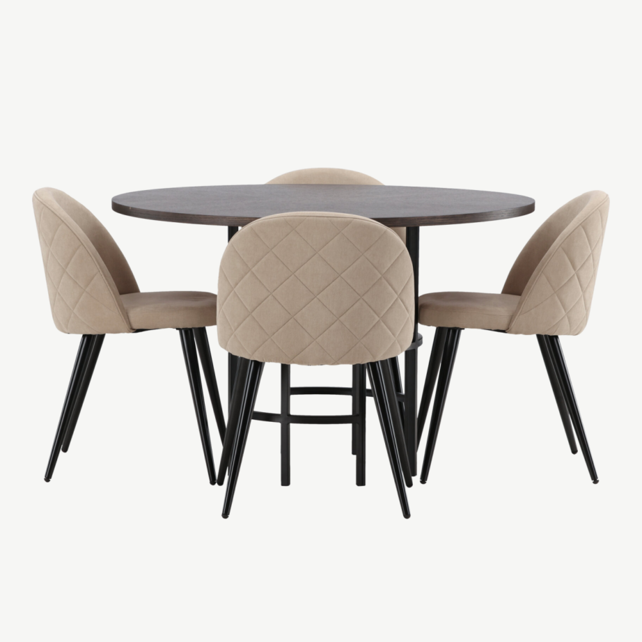 Ümmargune söögilauakomplekt Copenhagen (mokka MDF, must teras, 4 beeži tooli), GR22845 – 7