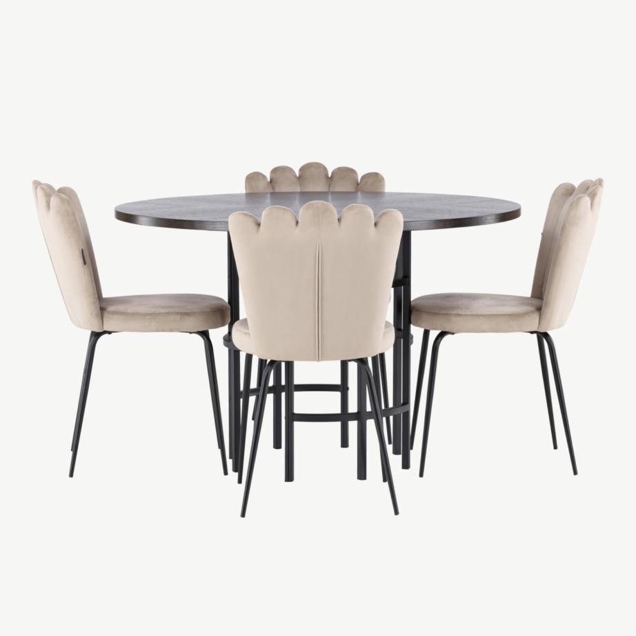 Ümmargune söögilauakomplekt Copenhagen (mokkavineer, beež samet, must teras), GR23201 – 2