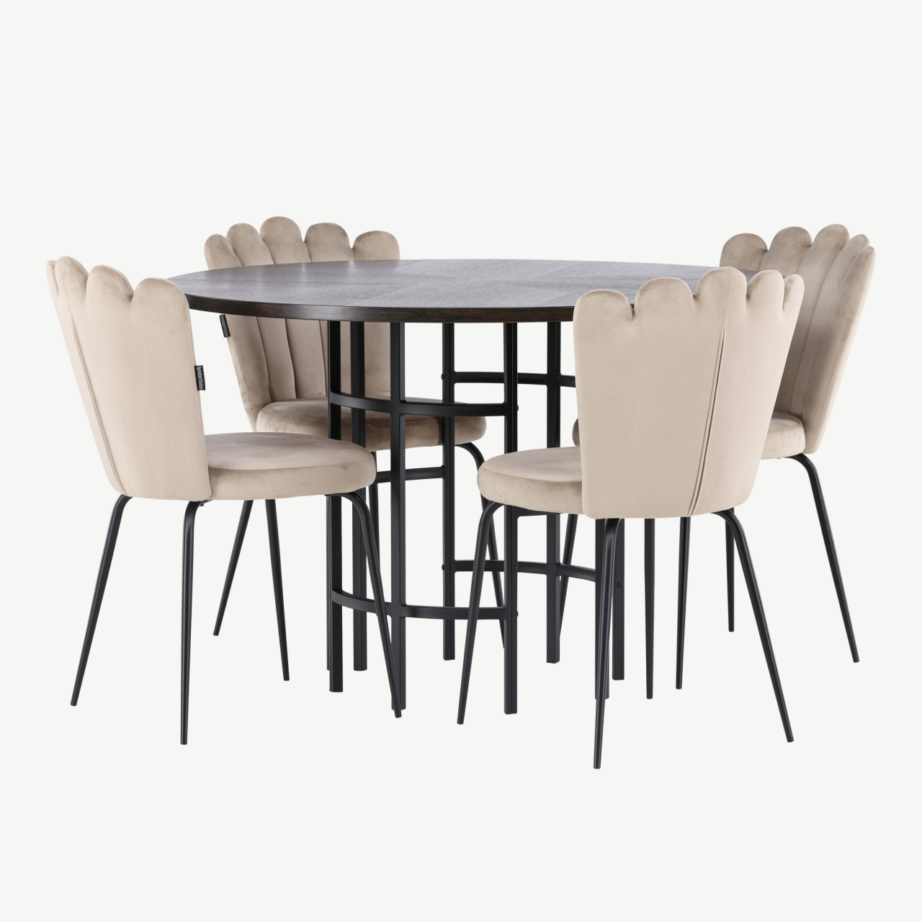 Ümmargune söögilauakomplekt Copenhagen (mokkavineer, beež samet, must teras), GR23201 – 4