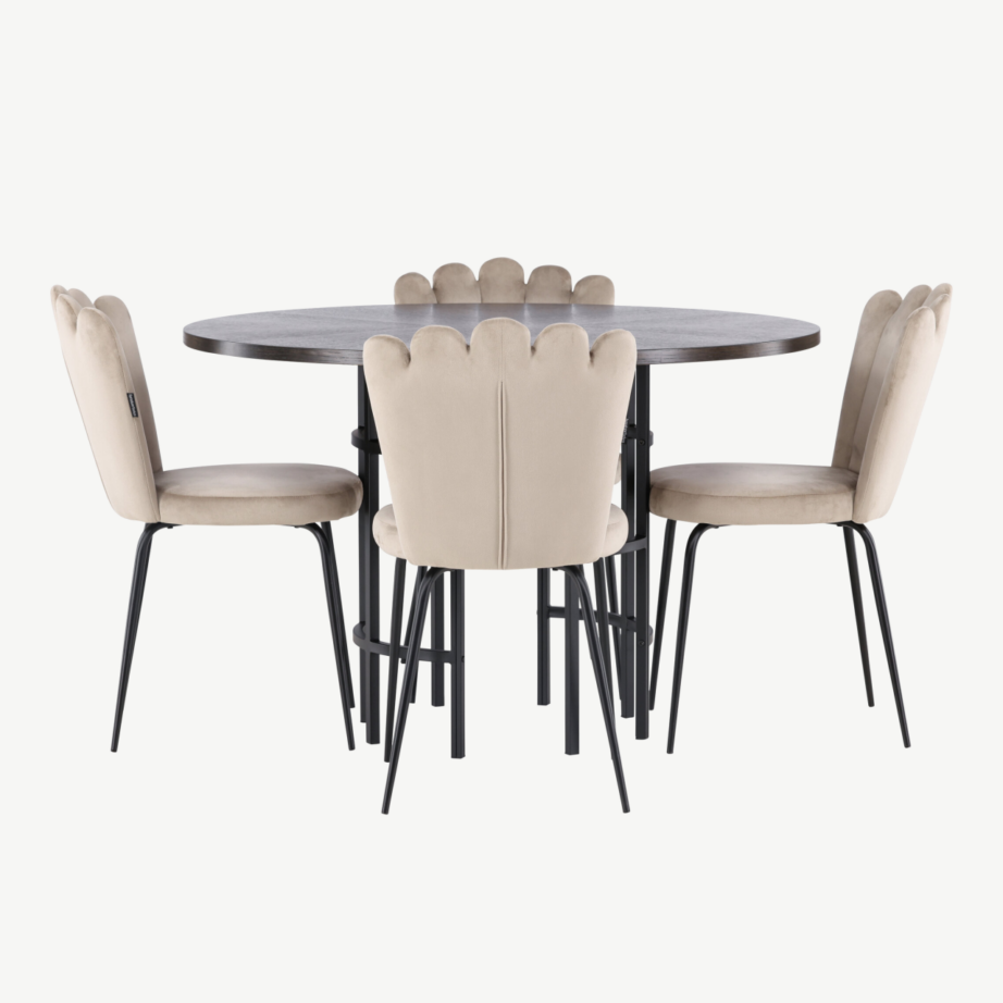Ümmargune söögilauakomplekt Copenhagen (mokkavineer, beež samet, must teras), GR23201 – 5