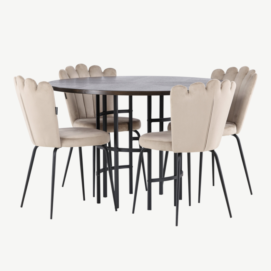 Ümmargune söögilauakomplekt Copenhagen (mokkavineer, beež samet, must teras), GR23201 – 6