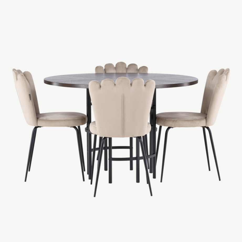 Ümmargune söögilauakomplekt Copenhagen (mokkavineer, beež samet, must teras), GR23201 – 7