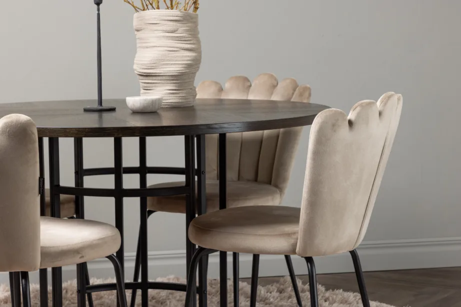 Ümmargune söögilauakomplekt Copenhagen (mokkavineer, beež samet, must teras), GR23201 – 9