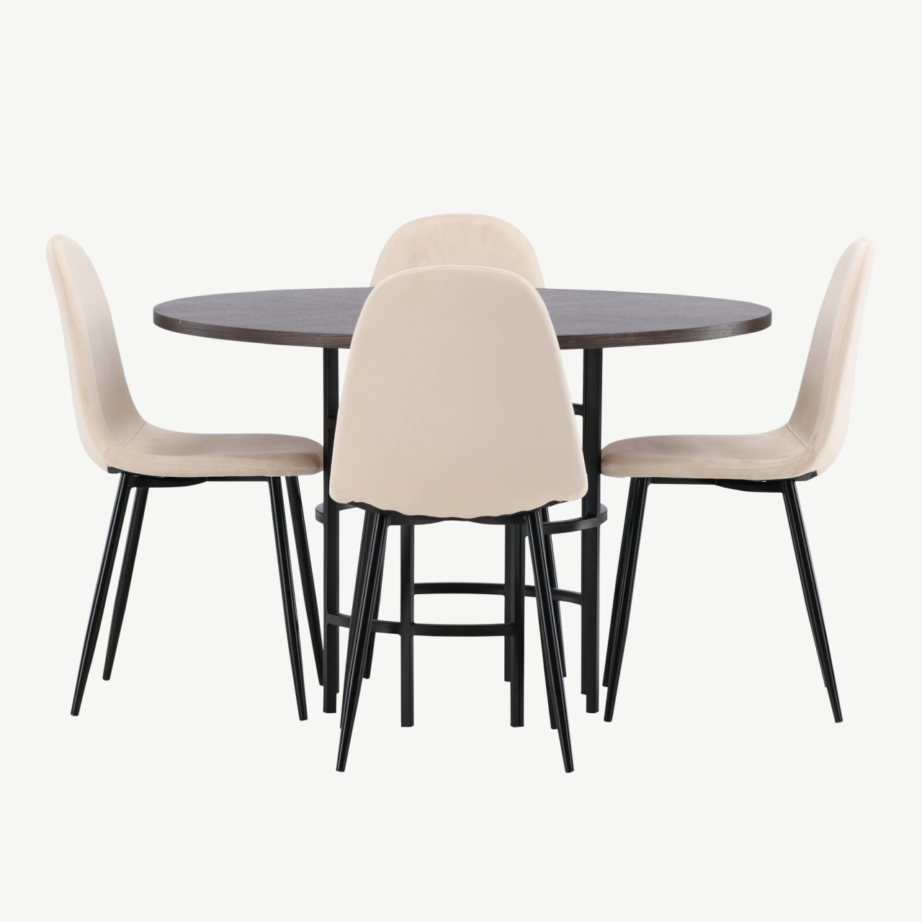 Ümmargune söögilauakomplekt Copenhagen (mokkavineer, beež velvet, 4 tooli), GR22852 – 7