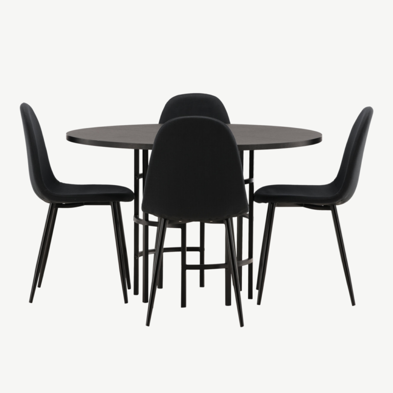 Ümmargune söögilauakomplekt Copenhagen (must MDF, 4 musta tooli, metalljalad) - GR22835